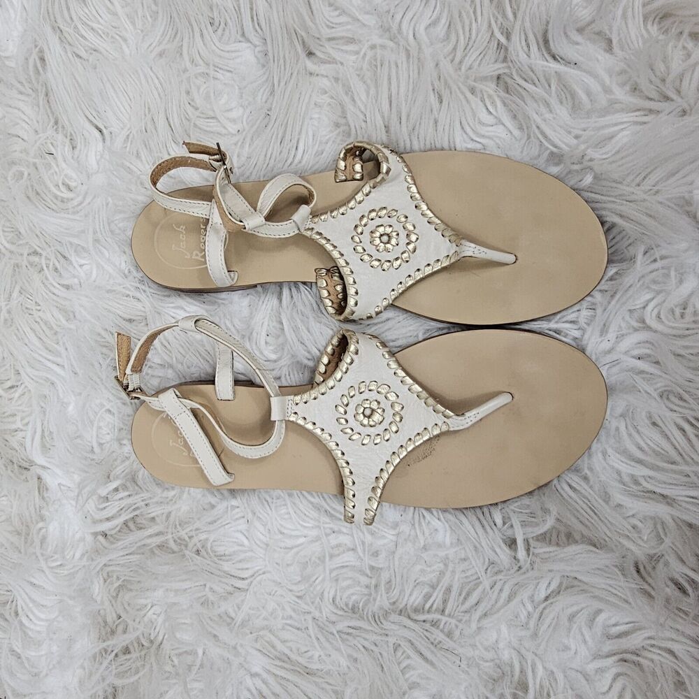 Jack Rogers Maci Leather Flat Ankle Strap Sandals Bone/Gold Women’s Size 8.5
